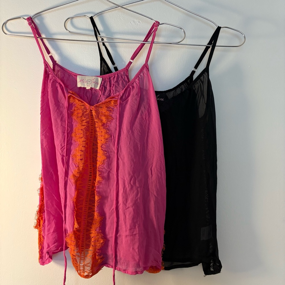 Miss June Paris Pink and Black Lace Trim Camisole Set